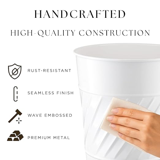 Monarch Abode Metal Bathroom Trash Can – Waste Basket for Bedroom, Office Desk, & Dorm, Handcrafted Wave Embossed, Durable Decorative White Small Trash Can Bathroom Garbage Bin Wastebasket