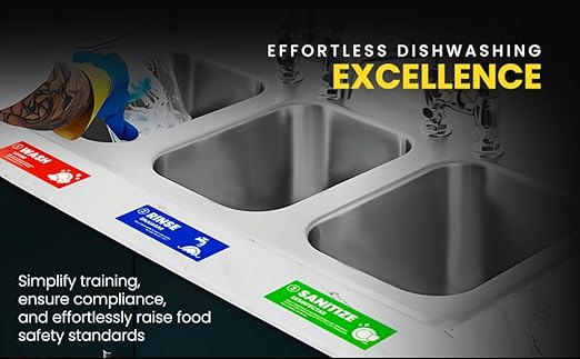 [Enhanced] Wash Rinse Sanitize Sink Labels | 3 Compartment Sink Stickers | Training Labels for Dishwashing | Food Service, Restaurant, Commercial Kitchen (1 Set: 6 x 2 in)