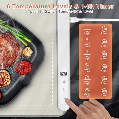FYY Extra Large Warming Mat for Food with Heat Resistant Pad, Prevent Countertop Cracks, Keep Meal Warm, Rapid and Full Surface Heating, 6 Temp Settings, 6H Timer, Rollable Portable Food Warmer Khaki - Image 5