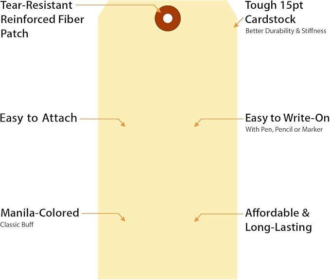 SmartSign Blank Manila Shipping Tags - Pack of 100, Size-10, 15pt Thick Cardstock Tag, 7.25 x 3.625 inch Paper Hang Tags with Reinforced Fiber Patch (No Attachment)
