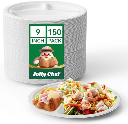 JOLLY CHEF Heavy Duty Compostable 3 Compartment Paper Plate 9 Inch 150 Pack by JOLLYCHEF