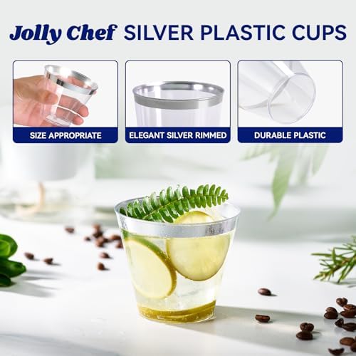 JOLLY CHEF 9 oz Plastic Cups Silver Rimmed Disposable Cups 100 Pack - Image 3