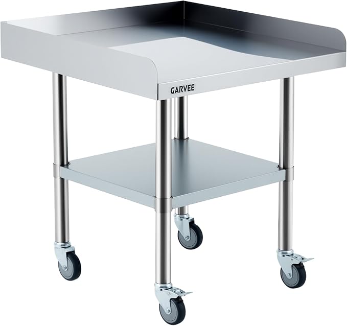 Garvee Stainless Steel Work Table, 30x30x26 Inch Commercial Food Prep Worktable with Wheels, Fixed 3-Sided Backsplash & Height-Adjustable Shelf, Heavy Duty Workbench for Kitchen Restaurant Garage