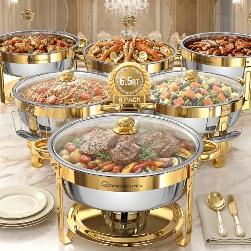 6.5QT Chafing Dishes for Buffet, 6 Pack Gold Round Buffet Display Set by Warmounts