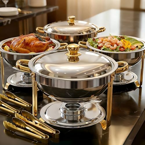 ALSO GO Round Chafing Dishes for Buffet with Serving Tongs, 7QT Chafing Dishes Buffet Set, Golden Stainless Steel Catering Food Warmer for for Party, Gathering, Banquet, Wedding by ALSOGO