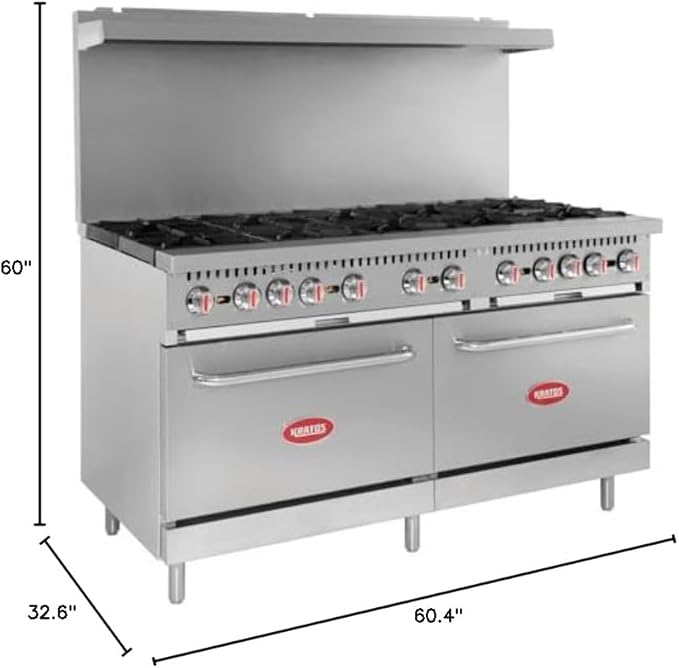 Kratos Commercial Gas Range and Oven - 10 Burners and 2 Full Sized Ovens, Gas Powered, 360,000 Total BTU Output, 60" W (29Y-045-NAT)