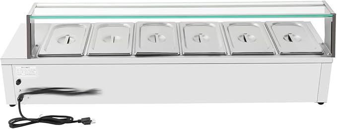 Electric Steam Table Food Warmer, 1200W Stainless Steel Bain Marie Buffet Food Warmer, 6-Pan 19Qt Commercial Buffet Warmer Countertop Steam Table with Sneeze Guard & Temp Display, 86-176℉