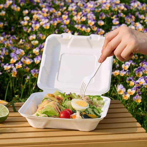 8" 50 Pack Sugarcane Clamshell Take Out Food Containers 1 Compartment - Image 5