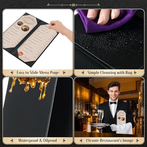 Restaurant Menu Covers Holders 4.25" x 11" | Pack of 10 Synthetic Leather Quad Fold Panels 6 View Angled Corners Black for Wine List, Drinks (10, Quad Fold Panels 6 View (4.25 x 11 inch)) - Image 4
