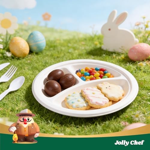 JOLLY CHEF Heavy Duty Compostable 3 Compartment Paper Plate 9 Inch 150 Pack - Image 4