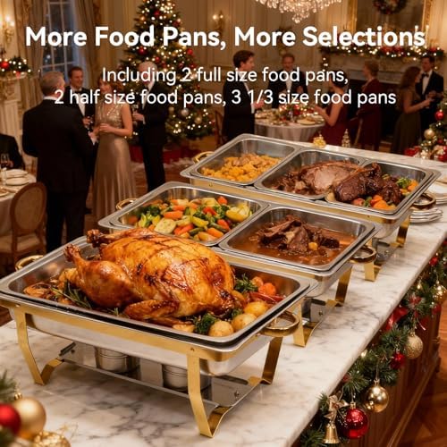 9Qt Chafing Dishes for Buffet, 4 Pack Gold 304 Stainless Steel Chafing Dish Sets, Complete Buffet Server and Warmers Set with Multiple Size Pans for Parties - Image 4