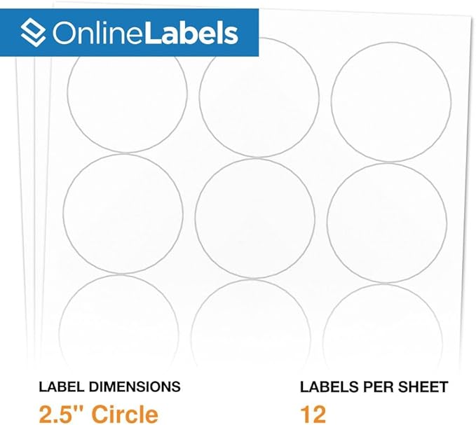 2.5" Round White Matte Labels - Permanent - for Candle/Jar Lids, Product & Favor Labels - 12,000 Circle Stickers (1,000 Sheets) - OL350WX - Compatible with Inkjet & Laser Printers - OnlineLabels