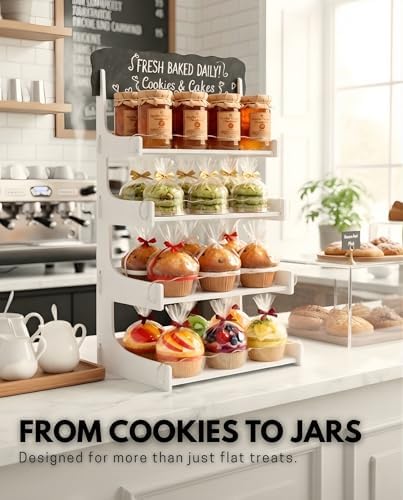 HOTCAN Cookie Display Stand for Bakers & Vendors with Acrylic Front | Wooden Dessert Stand with Chalkboard Sign for Market Booths, Craft Fairs & Events | 4 Tiered Cookie Display for Cupcakes, Muffins & Pastries (White) - Image 6