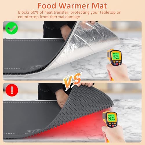Warming Mat for Food,36"x16" Large Food Warmer Mats for Countertop Gray+Pad - Image 3