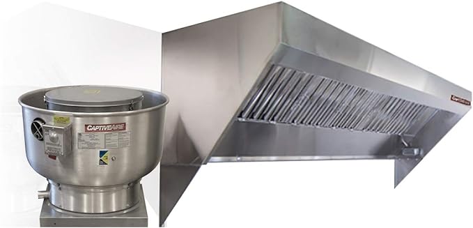 Food Truck Low Profile Exhaust Hood System Includes a stainless steel exhaust hood, an exhaust fan, an adjustable duct section, and installation hardware (4' Long Hood & Fan)