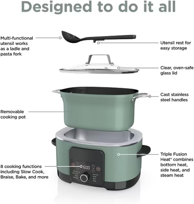 Ninja Foodi PossibleCooker PRO MC1000 8.5Qt Multicooker 8 in 1 Slow Cooker,Warmer, Glass Lid, Integrated Spoon, Nonstick (Green Sage)