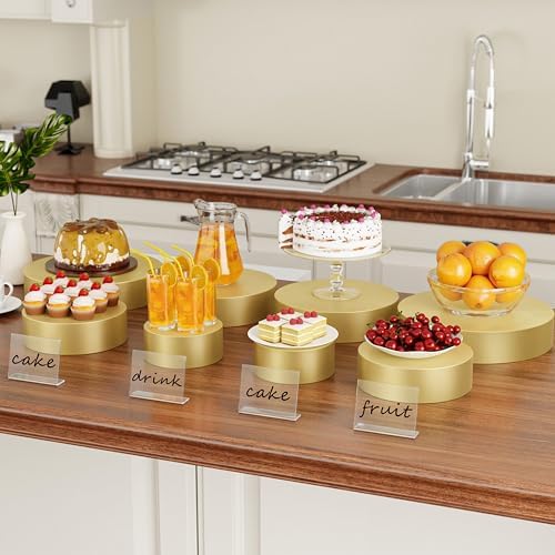 Round Metal Buffet Risers,4PCS Food Risers for Buffet Table 6in to 12in with Mini Acrylic Signs for Catering Dessert Collectibles Jewelry Figures Show Gold Cube Boxes Nesting Risers with Hollow Bottoms - Image 3