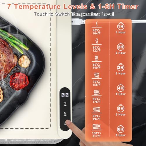 FYY Extra Long Warming Mat for Food with Heat Resistant Pad, Prevent Countertop Cracks, Rapid and Full Surface Heating, 7 Temp Settings, 6H Timer, Rollable Portable Food Warmer, Beige (45x15 inch) - Image 5