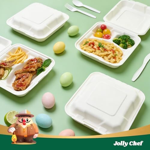 8" Sugarcane to go food containers, 3-Compartment Clamshell Food Containers - Image 4