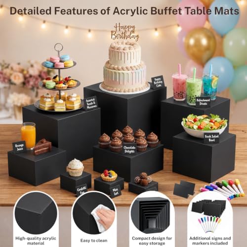 White Acrylic Buffet Risers with Mini Sign and Marker, Food Risers Display Stands for Buffet Table Party Catering Dessert Jewelry Collectibles,Acrylic Cube Nesting Boxes with Hollow Bottoms (10" 9" 8" 7" 6" 5" 4" 4" 3" 3"（Black）) - Image 3