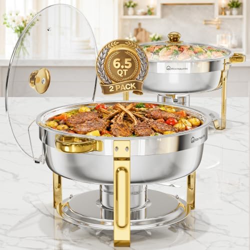 6.5QT Chafing Dishes for Buffet, 2 Pack Round Gold Buffet Display Set by Warmounts