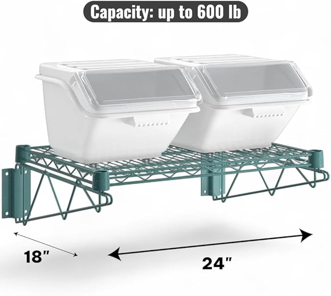 18" x 24" Green Wall-Mounted Wire Shelf Kit with Clip-in Ingredient Storage Bins, Heavy-Duty Steel Rack, Supports up to 600 lb, Flip-Top Lids, Open-Wire Design for Kitchen/Prep/Storage