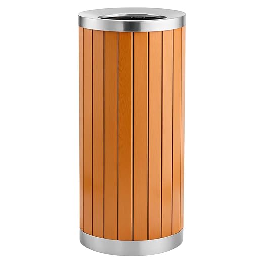 13.5 Gallon Round Outdoor Trash Can with Open Top - Commercial Steel and Wood Composite Decorative Waste Bin with Galvanized Liner - Garbage Container for Parks, Retail Stores, Public Transit Areas