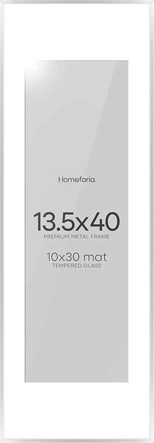 Homeforia 13.5x40 Panoramic Frame Silver, High End Metal 13.5x40 Picture Frames with Mat 10x30 Photo, 13.5 x 40 Poster Frame Matted to 10 by 30 Print, 40x13.5 Frame, Tempered Glass, Wall Kit, Set of 1