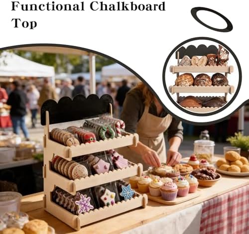 Cookie Display Stand, Cookie Display, 3 Tier Wooden Dessert Display Stand with Chalkboard, Rustic Scalloped Serving Tray for Party, Wedding, Bakery Treats and Small Items - Image 4