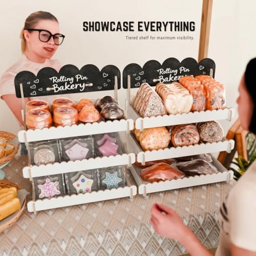 HOTCAN Wooden Cookie Display Stand with Chalkboard Sign for Bakers, Vendors, Craft Fairs | Pastry Display for Market Booths & Events | 3 Tiered Cookie Display for Muffins, Cakes, and Pastries (White) - Image 3