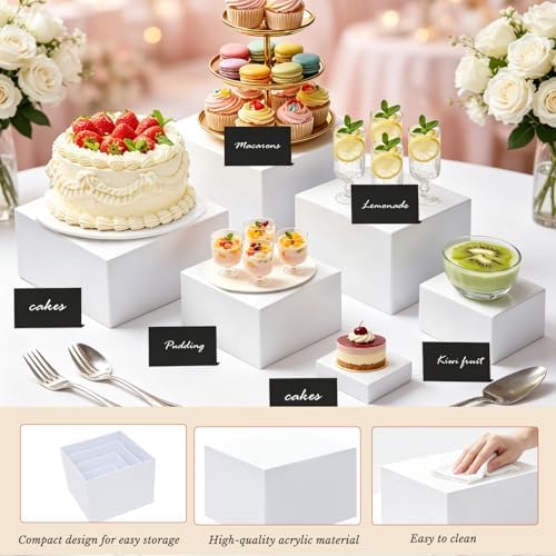 White Acrylic Buffet Risers Dessert Table Display Stand with Signs & Marker - Image 5