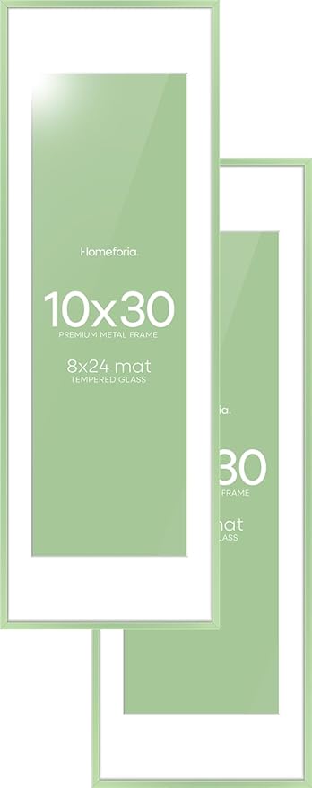 Homeforia 10x30 Sage Green Picture Frame, High End Metal 10by30 Poster Frames with Mat 8x24 Photo, 10 x 30 Green Frame Matted to 8 x 24 Print, 30x10 Panoramic Frame, Tempered Glass, Wall Kit, Set of 2
