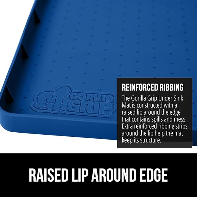 GORILLA GRIP Waterproof Silicone Under Sink Mat with Raised Lip for Kitchen and Bathroom, 28 x 22 in, Cabinet Shelf Liner Stay in Place Mats Dishwasher Safe Drawer Liner, Organizer Tray, Blue