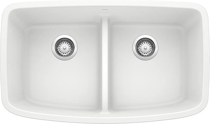 BLANCO, White 442199 VALEA SILGRANIT 50/50 Double Bowl Undermount Kitchen Sink with Low Divide, 32" X 19"