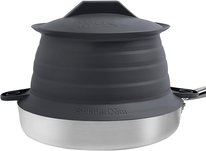 L.I.Q Silicone Splatter Guard – Fits 8 and 10 Inch Pots (20 and 25 Centimeters) – Microwave Safe and Durable SplatterDom - Includes 8” Lid - Food and Oil Splash Guard (Chic Metallic, Small)
