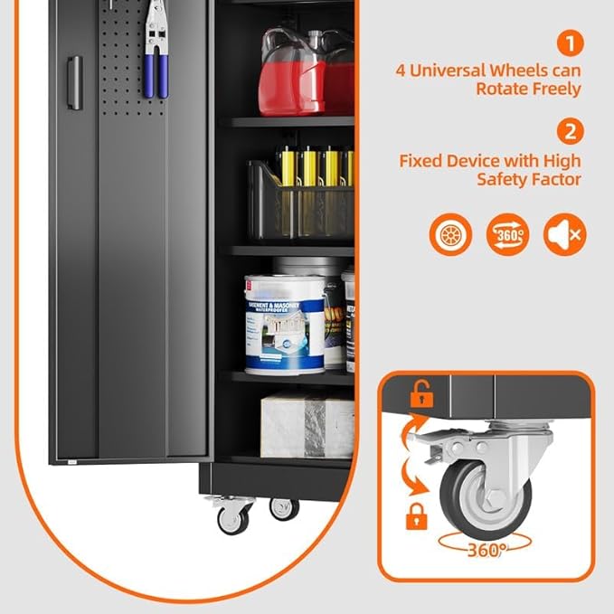 Aobabo Garage Storage Cabinet with Door Pegboard,Lockable Metal Storage Cabinet with 5 Adjustable Shelves for Garage Home,Required Assembly,Black