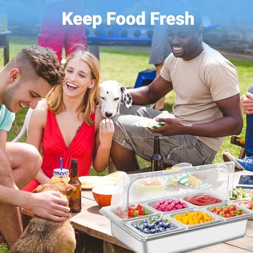 Countertop Ice Food Serving Display Tray with 6 Pan, Portable Salad Bar Buffet Station for Home, Cold Food Buffet Server, Stainless Steel Pizza Topping Station with Clear Roll Top Cover, 3 Ice Packs - Image 3