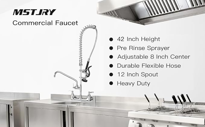 Commercial Faucet with Sprayer for Kitchen Staff: 43 Inches Commercial Faucet Pre Rinse Sprayer 8 inch Center Wall Mount Kitchen with 12 inch Add on Spout