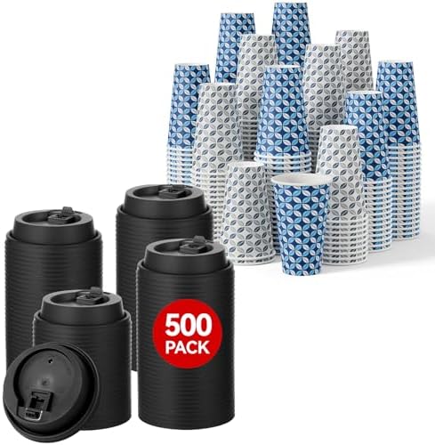 JOLLY CHEF 500 Pack Disposable Plastic Black Lids 3.6'' for 10, 12, 16, 20 oz Paper Coffee Cups, 1000 Pack Printed Coffee Cups 16 oz by JOLLYCHEF
