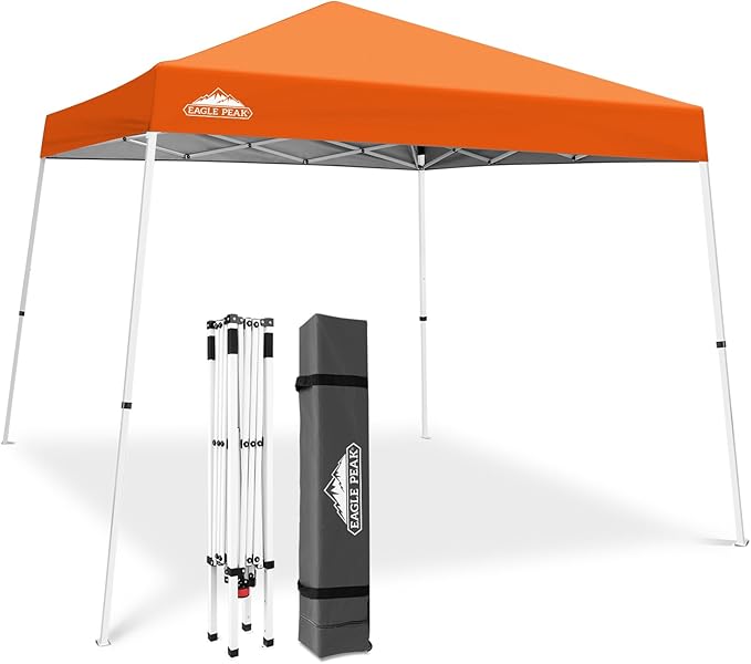 EAGLE PEAK 10x10 Slant Leg Pop-up Canopy Tent Easy One Person Setup Instant Outdoor Beach Canopy Folding Portable Sports Shelter 10x10 Base 8x8 Top (Orange)