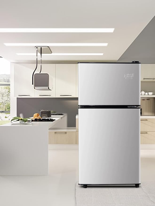 Mini Fridge, 3.5 Cu.Ft Compact Refrigerator Small Refrigerator 7 Level Adjustable Thermostat Removable Shelves with Stainless Steel 2 door for Office Dorm Apartment Silver