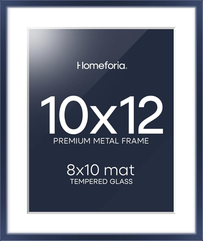 Homeforia 10x12 Picture Frame Navy Blue, High End Metal 10x12 Wall Hanging Frame with Mat 8x10, 10 x 12 Poster Frame Matted to 8 x 10 inch Photo, 10by12 Thin Frames, Tempered Glass, Wall Kit, Set of 1