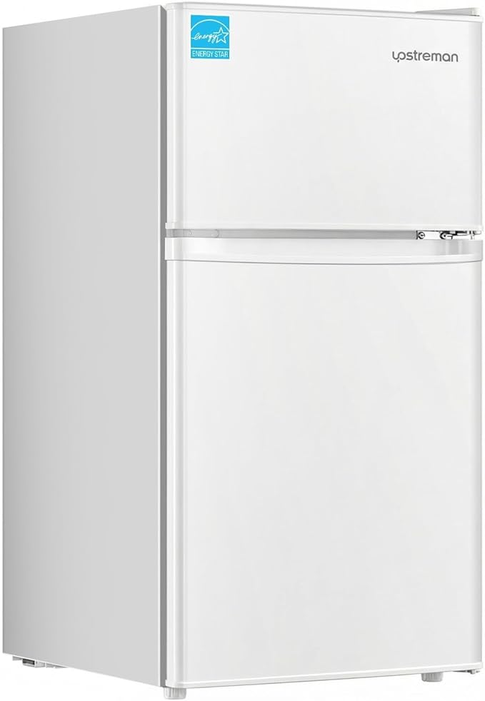 Upstreman 3.1 Cu.Ft Mini Fridge with Freezer, Double Door Small Fridge, Dorm Essentials, Adjustable Thermostat, Energy Saving, Mini Refrigerator for Office, Dorm, Bedroom, White