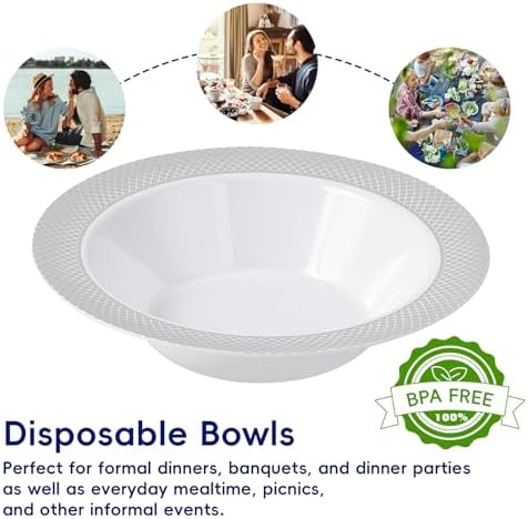 JOLLY CHEF Plastic Bowls with Silver Grid Rim Disposable 12oz Bolws 100Pack - Image 4