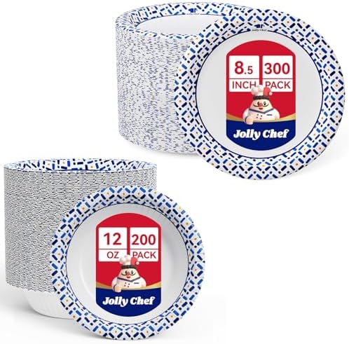 JOLLY CHEF 8.5 Inch Paper Plates 300 Count & 12 Oz Paper Bowls 200 Count by JOLLYCHEF