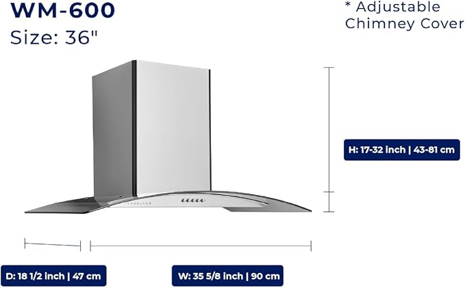 Hauslane Wall Mount Range Hood 36 Inch | European Canopy Design with Tempered Glass & Stainless Steel | 3-Speed,Dishwasher-Safe Filters | Ducted or Ductless with Charcoal Filters WM-600