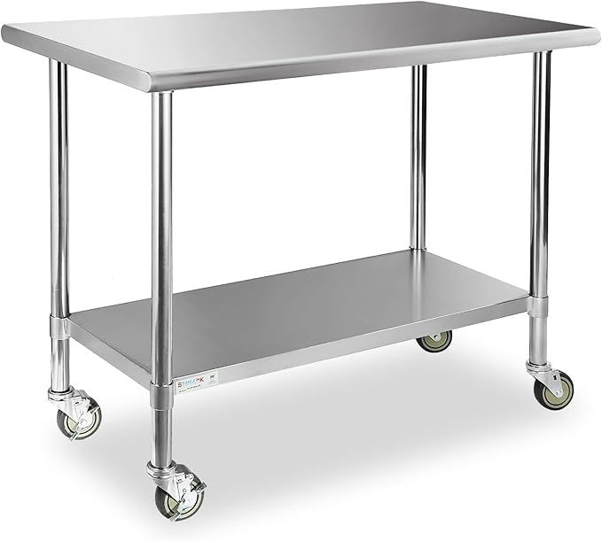 STABLEINK Stainless Steel Table with Wheels 24 x 48 Inches 4ft, NSF Commercial Prep & Workbench with Adjustable Undershelf, for Commercial Kitchen, Restaurant, Laundry, Hotel and Garage