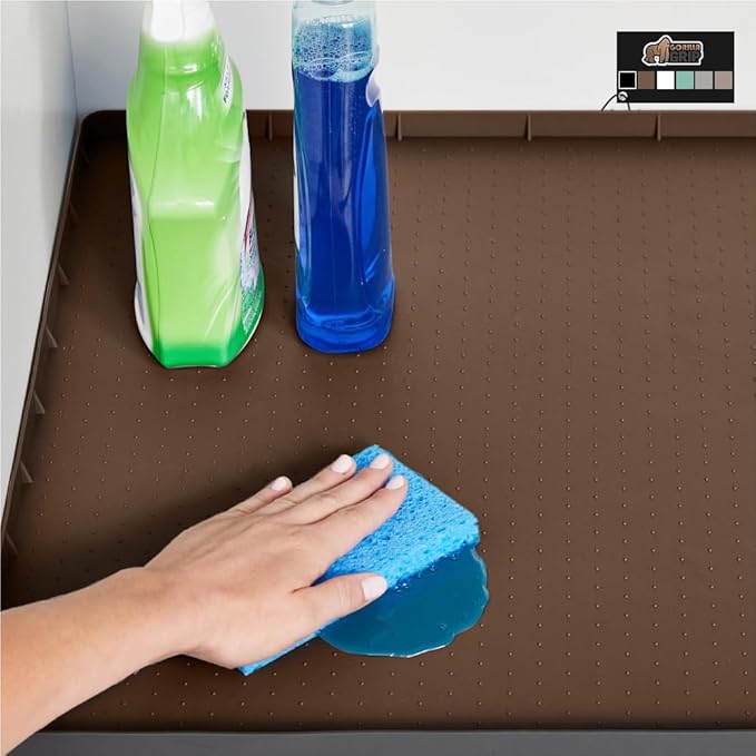 GORILLA GRIP Waterproof Silicone Under Sink Mat with Raised Lip for Kitchen and Bathroom, 34 x 22 in, Cabinet Shelf Liner Stay in Place Mats Dishwasher Safe Drawer Liner, Organizer Tray, Coffee