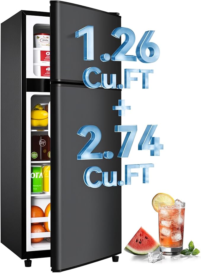 4.0 Cu.Ft Fridge with Freezer, Double Door Refrigerator with 6 Level Thermostat, LED Light, Adjustable Glass Shelves for Bedroom, Office, Dorm, Apartment, Black