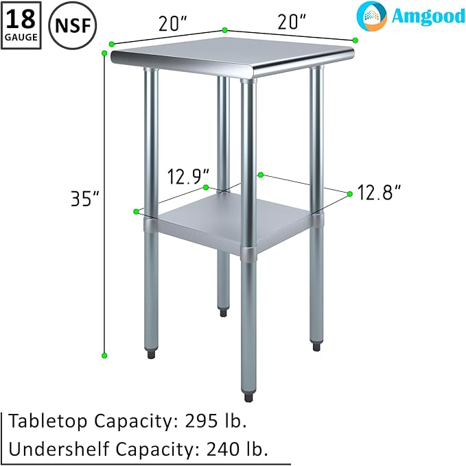 AmGood 20 in. x 20 in. Stainless Steel Work Table | NSF Kitchen Prep Table | Utitly Metal Table